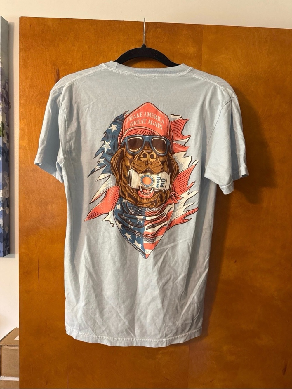 Men's Light Blue Short-Sleeve Graphic Tee with Patriotic Dog Print